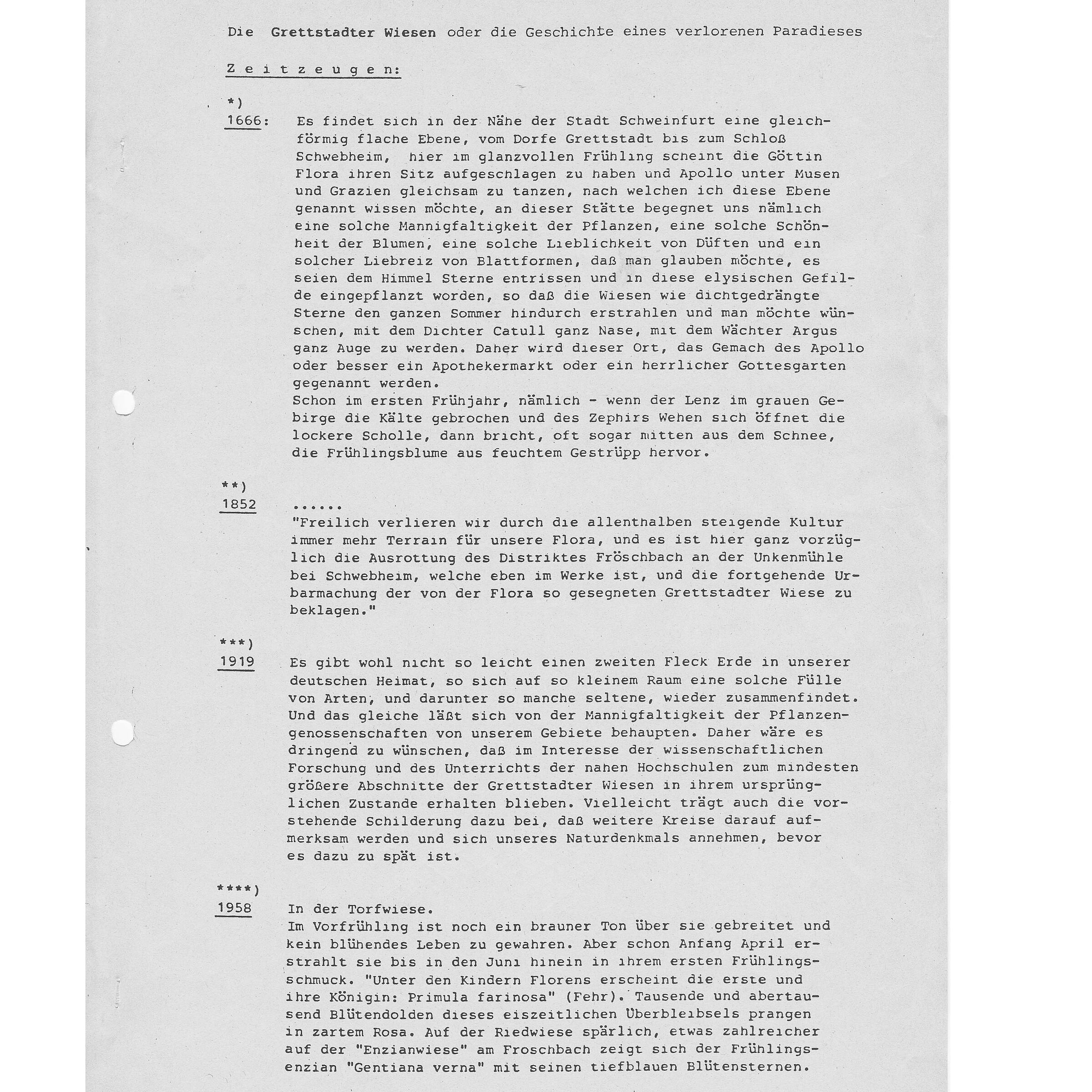 Seite 1 der Roßteuscher Aufzeichnungen zur Grettstadter Wiesen von 1989. (Quelle: BN)