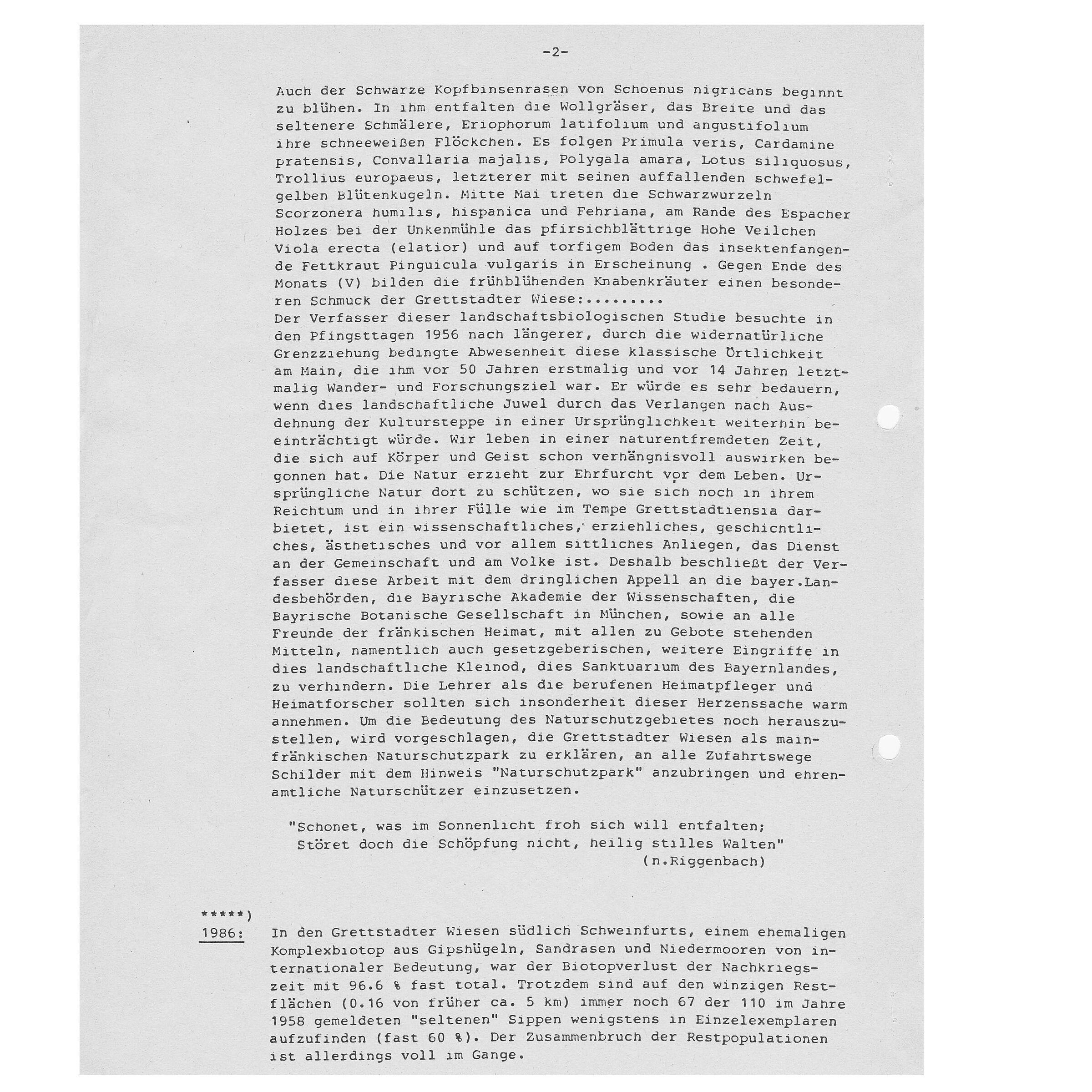 Seite 2 der Roßteuscher Aufzeichnungen zur Grettstadter Wiesen von 1989. (Quelle: BN)