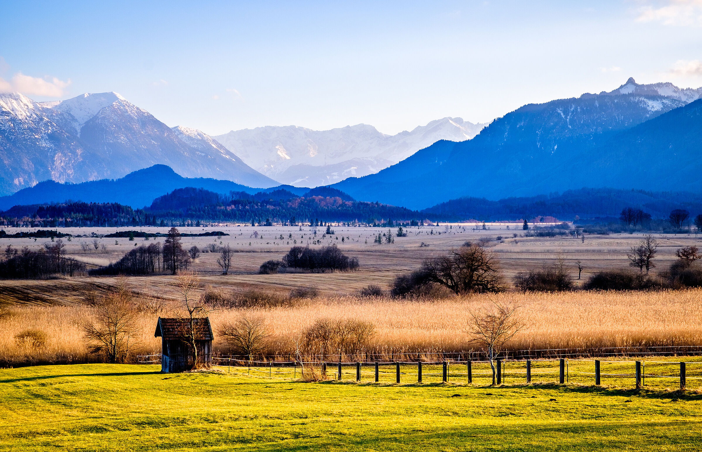 Blick auf das Murnauer Moos mit den Alpen im Hintergrund