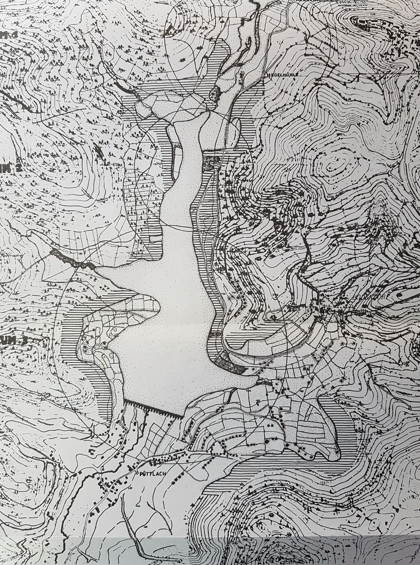 Die Karte zeigt die geplante Ausdehnung des Püttlacher Stausees (aus Studienarbeit der TU Berlin von 1981).