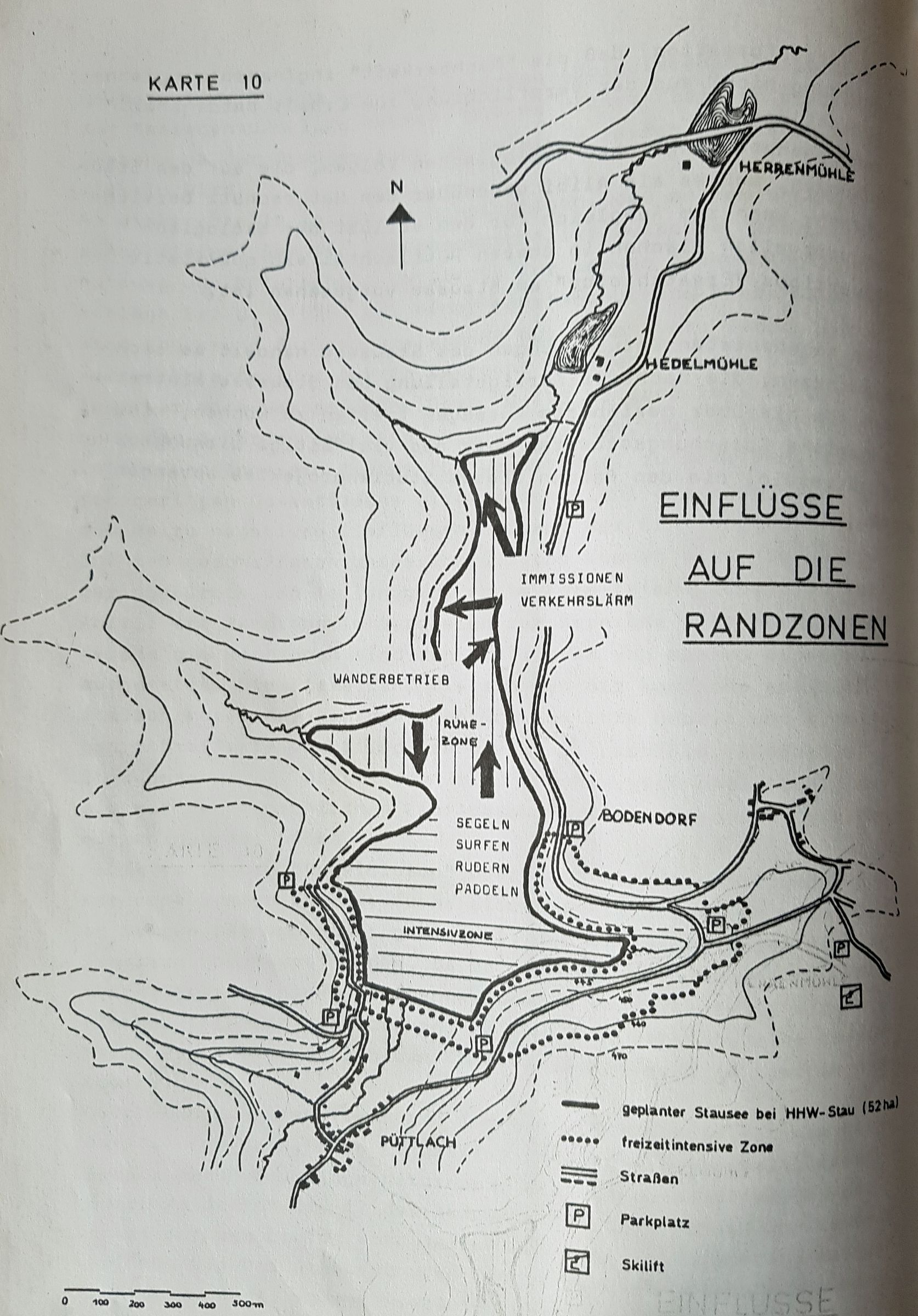 Kartenausschnitt "Einflüsse auf Randzone" vom geplanten Stausee im Püttlachtal (Studienarbeit der TU Berlin 1981)