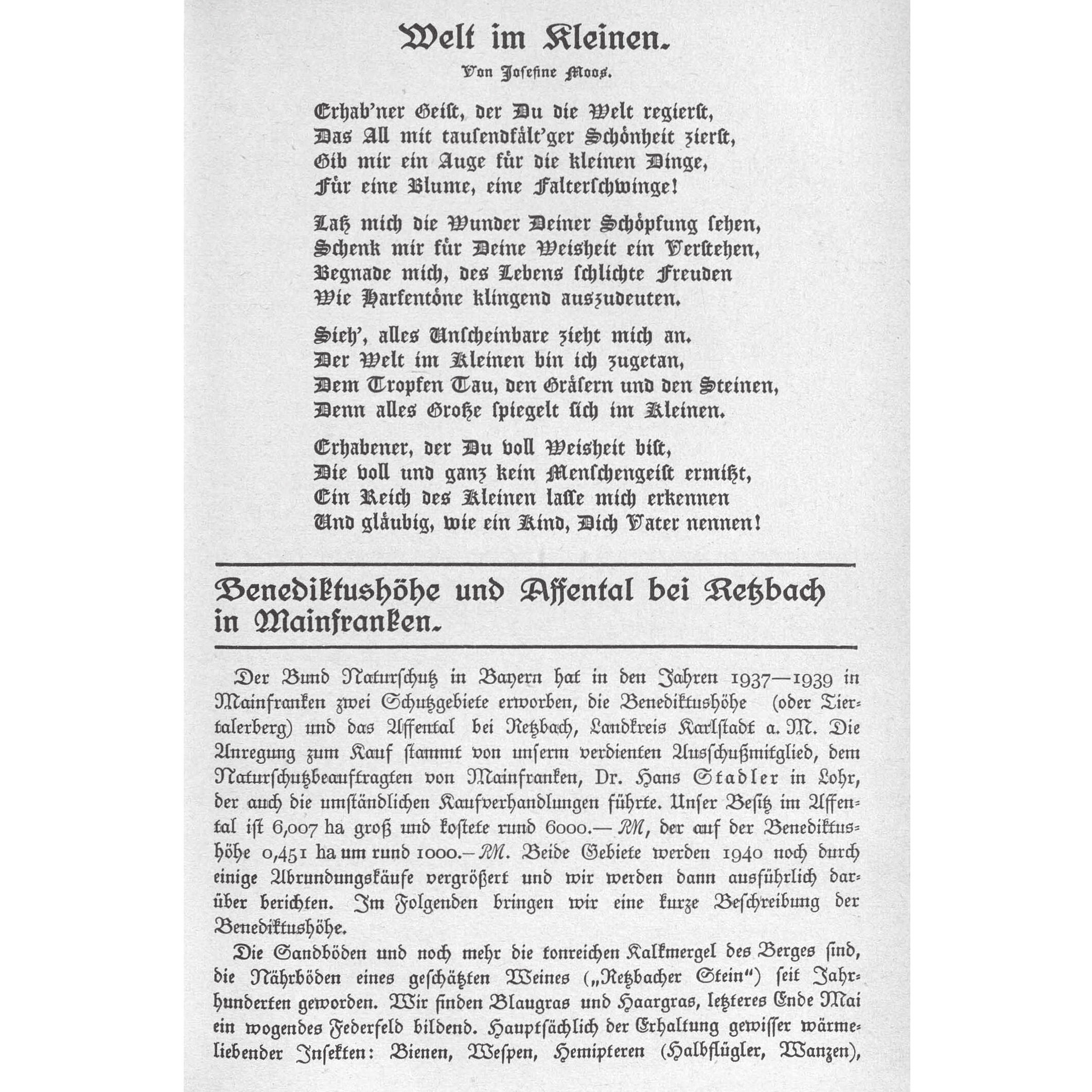 Seite 21 der "Blätter für Naturschutz" 1940: erste Erwähnung von Affental und Benediktushöhe. (Quelle: Blätter für Naturschutz 1940)