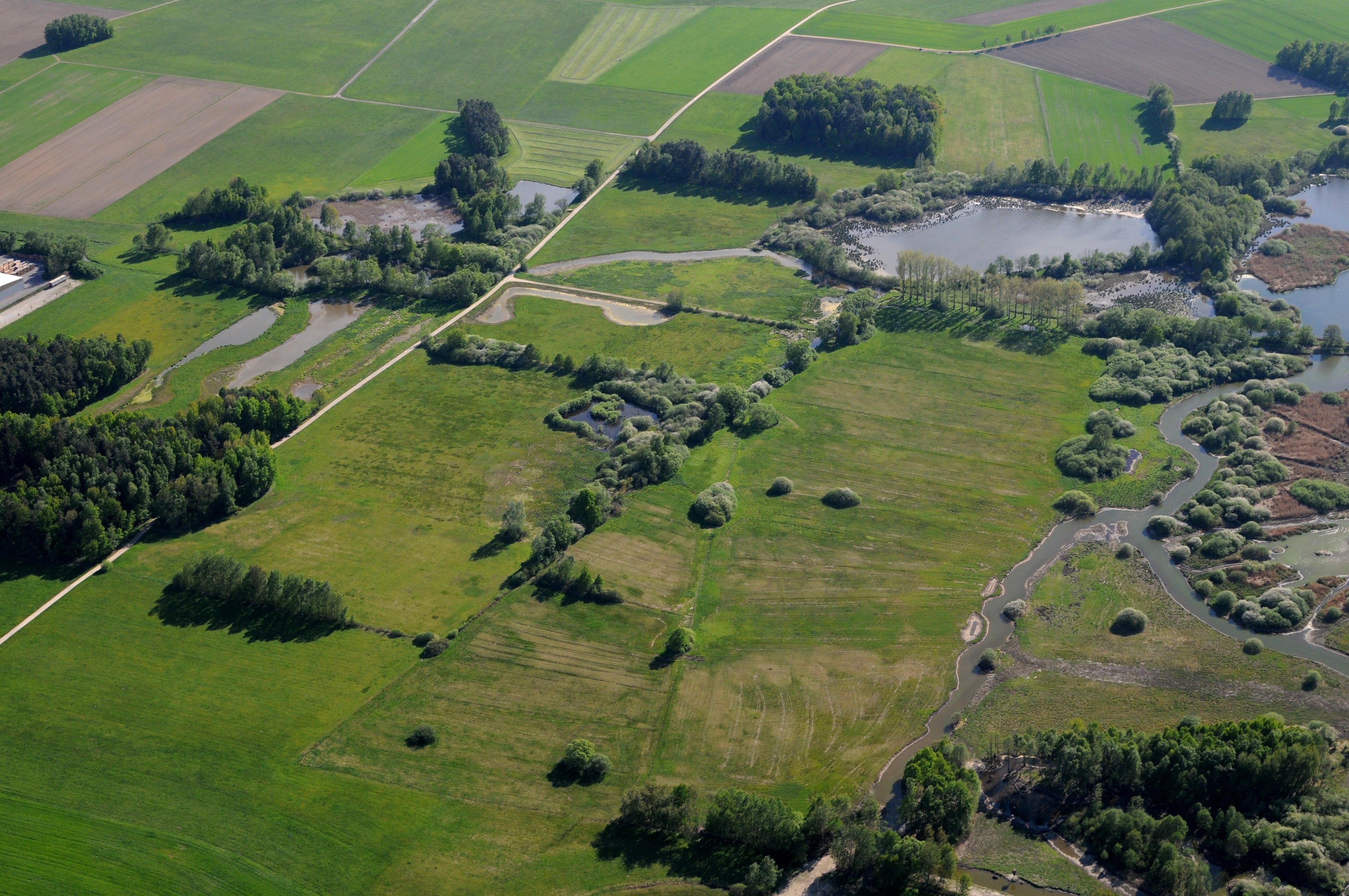 Luftaufnahme einer Landschaft mit gemischten Habitaten, einigen kleinen, von Baumstreifen und kleinem Wald durchbrochene Felder zur Linken und, rechts eines Feldweges eine Landschaft aus Feuchtgebieten und Grünfläche.