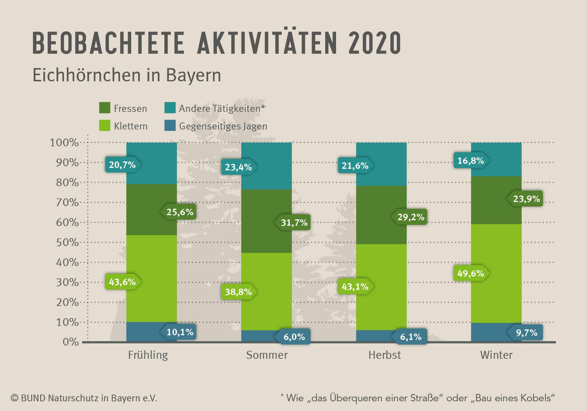 Das Diagramm zeigt, welchen Aktivitäten die gemeldeten Eichhörnchen im Verlauf des Jahres 2020 wie oft nachgingen.