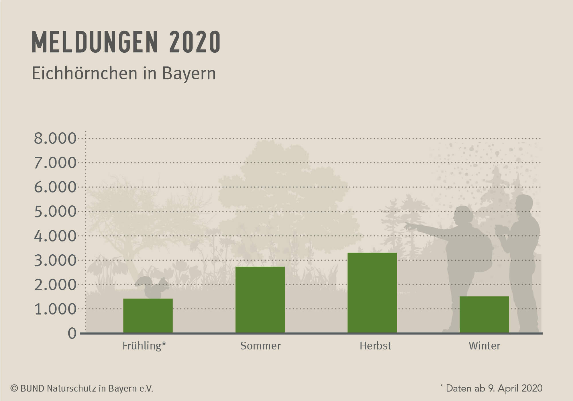 Das Diagramm zeigt, wie viele Meldungen von Eichhörnchen pro Jahreszeit im Jahr 2020 eingingen.