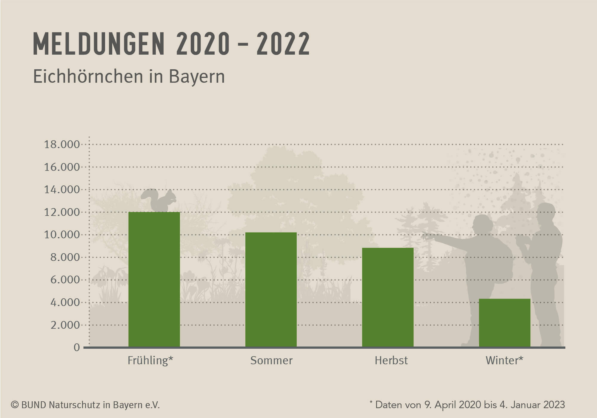 Das Diagramm zeigt, wie viele Meldungen von Eichhörnchen pro Jahreszeit seit dem Start des Projekts "Eichhörnchen in Bayern" im April 2020 eingingen.