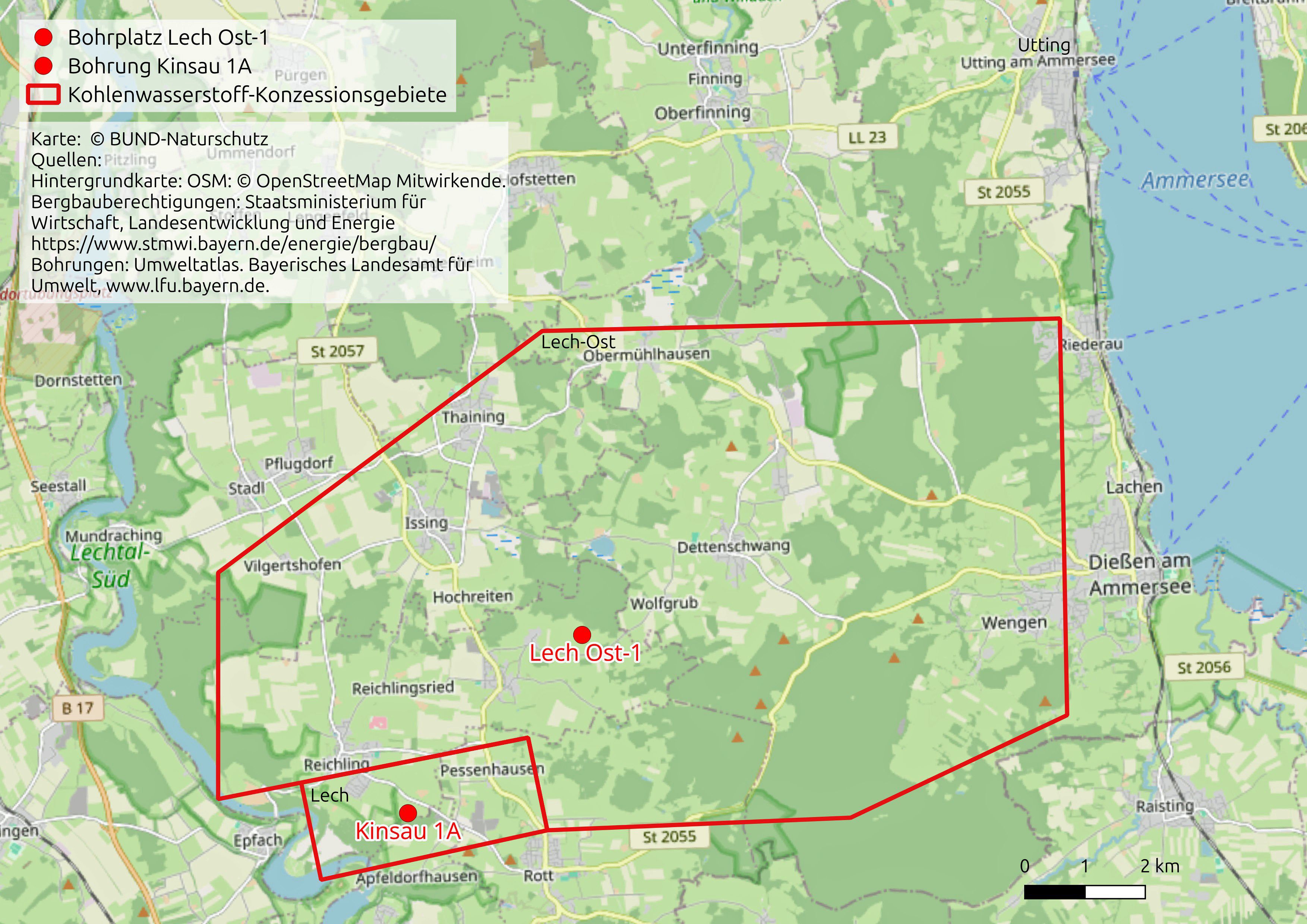 Karte der durchgeführten und im Weiteren geplanten Erdgas-Bohrungen zwischen Lech und Ammersee. Karte der durchgeführten und im Weiteren geplanten Erdgas-Bohrungen zwischen Lech und Ammersee.