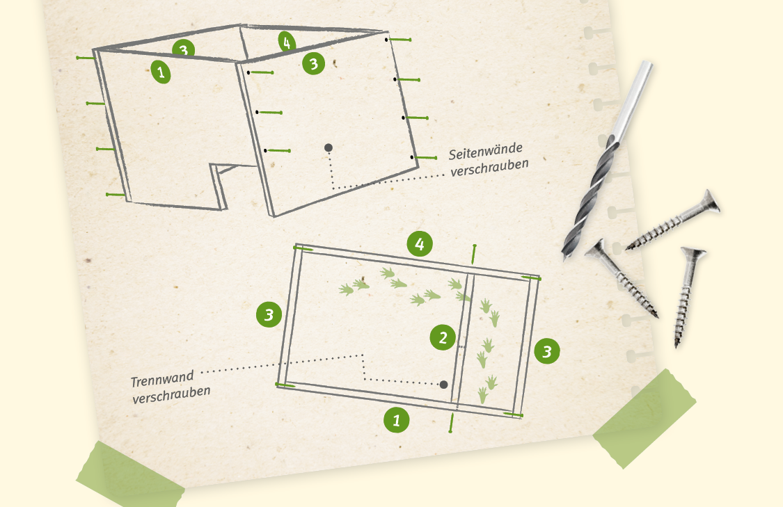 Die Grafik zeigt, wie die Holzteile für das Igelhaus richtig zusammenzuschrauben sind.