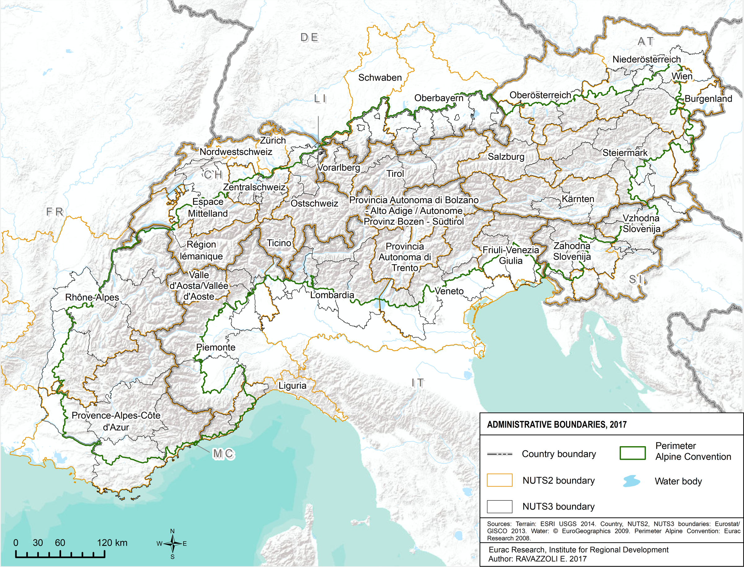 Die Karte zeigt die zahlreichen nationalen und regionalen Verwaltungseinheiten des Alpenraums