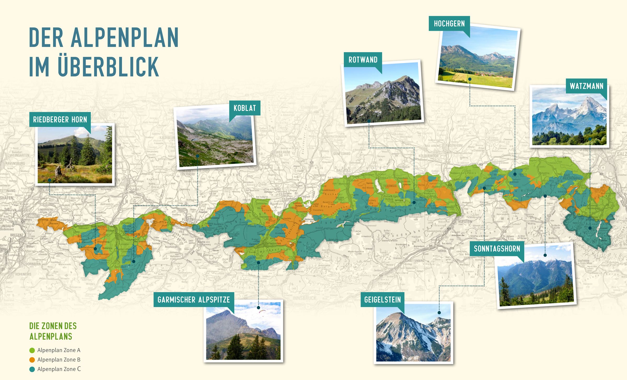 Die Karte zeigt Südbayern bis München, Landkreise und kreisfreie Städte, die von der internationalen Alpenkonvention betroffen sind, sowie die Gebiete deren Erschließung und Schutz im bayerischen Alpenplan geregelt sind.