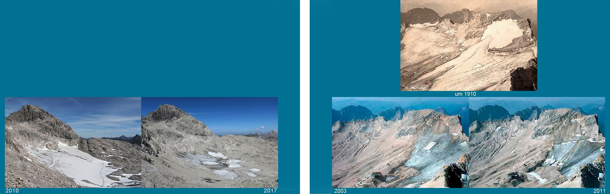 Zwei Bilder vom Schwarzmilzferner in den Allgäuer Alpen (links) in den Jahren 2010 und 2017, und drei Bilder vom Schneeferner-Gletscher (rechts) an der Zugspitze in den Jahren 1910, 2003 und 2011