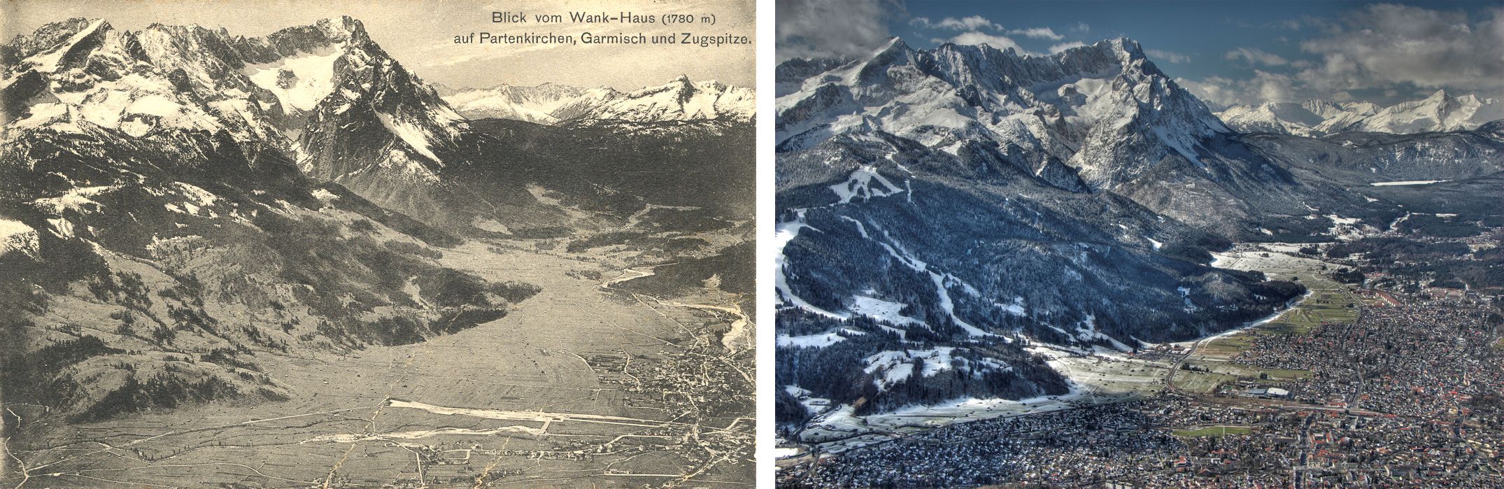 Das Bild zeigt den Talkessel von Garmisch-Partenkirchen, hier 1906 (links) mit vielen Freiflächen, und 2008 (rechts), wo die Bebauung von Bergfuß zu Bergfuß reicht.