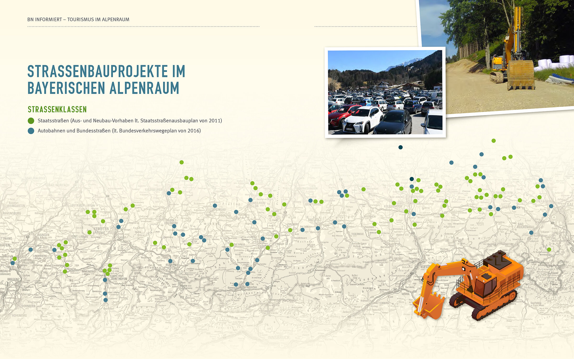 Die Grafik zeigt Aus- und Neubauvorhaben im Verkehrsbereich im Alpenraum (Grafik: BN)