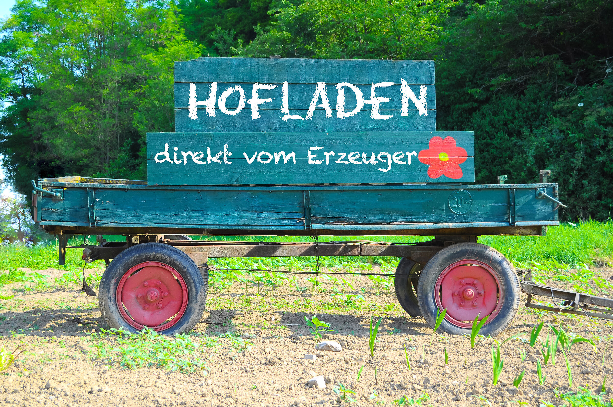 Landwirtschaft und Ernährung: Handgeschriebenes Schild mit Aufschrift "Hofladen, direkt vom Erzeuger" steht auf einem landwirtschaftlichen Anhänger im Feld