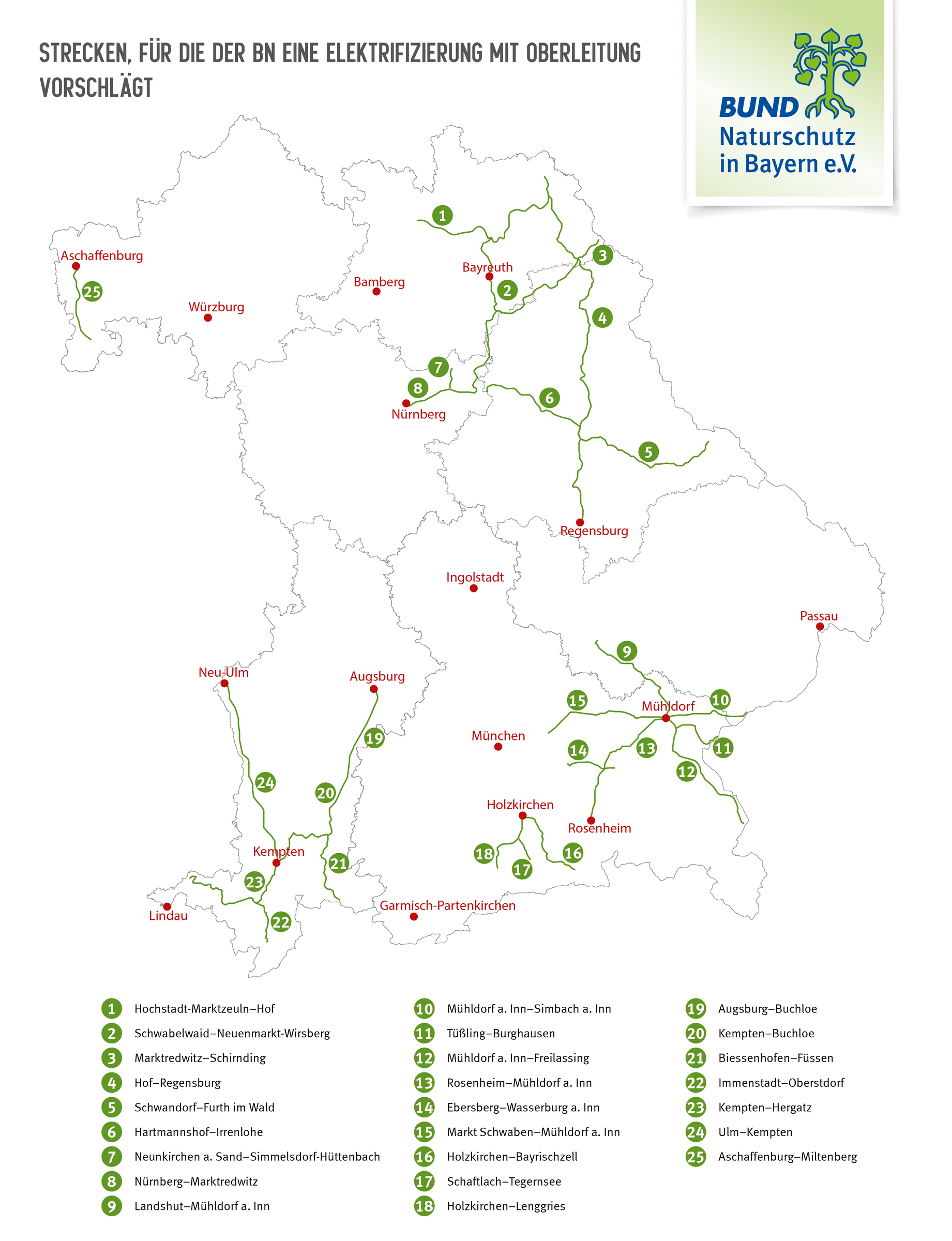 Karte mit Strecken, für die der BN eine Elektrifizierung mit Oberleitung vorschlägt (Karte: BN).