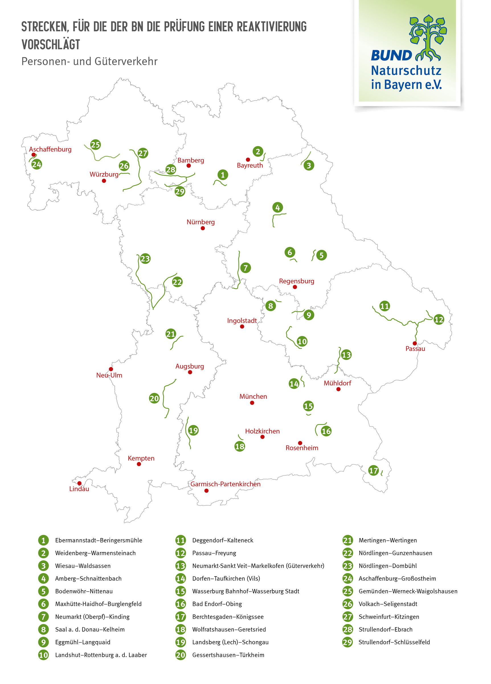 Karte mit Strecken, für die der BN eine Prüfung für eine Reaktivierung vorschlägt (Karte: BN).