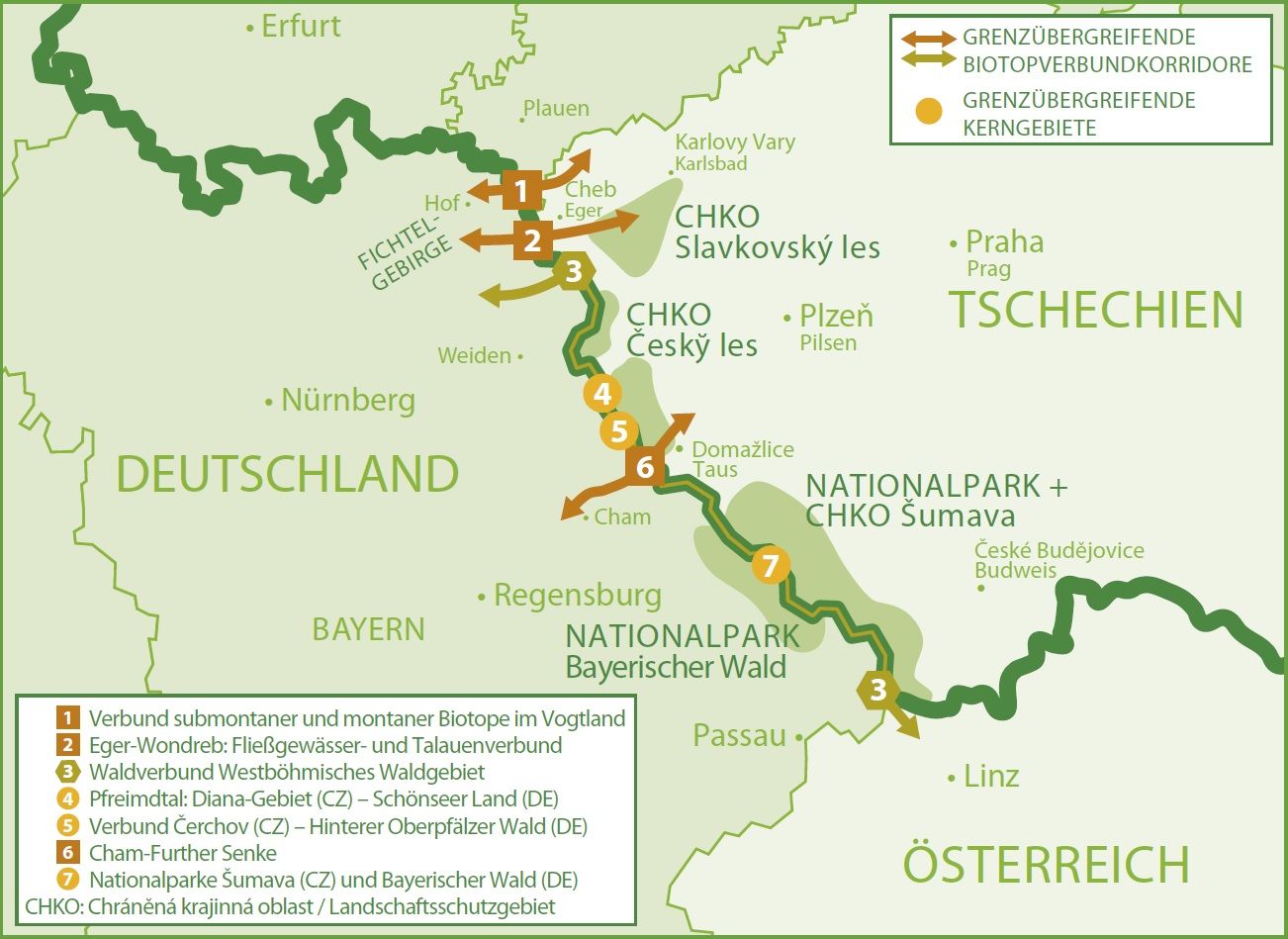 Eine Landkarte zeigt den Verlauf des Grünen Bandes Bayern-Tschechien mit grenzübergreifenden Biotopverbund-Korridoren und grenzübergreifenden Kerngebieten