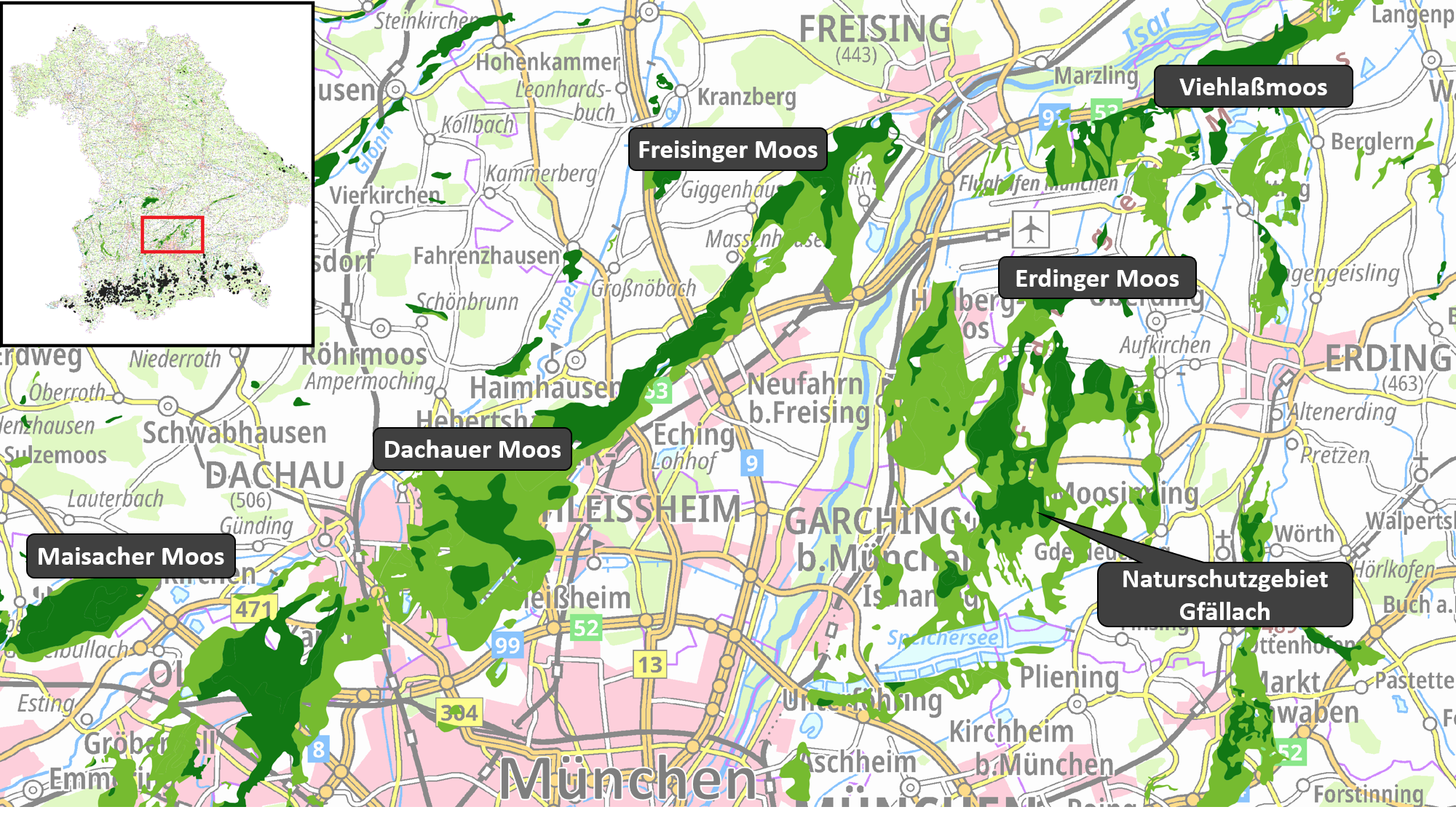 Eine Übersichtskarte, die in Grün die Moorflächen im Münchner Norden zeigt. Ein BN-Projekt soll sie besser vernetzen.
