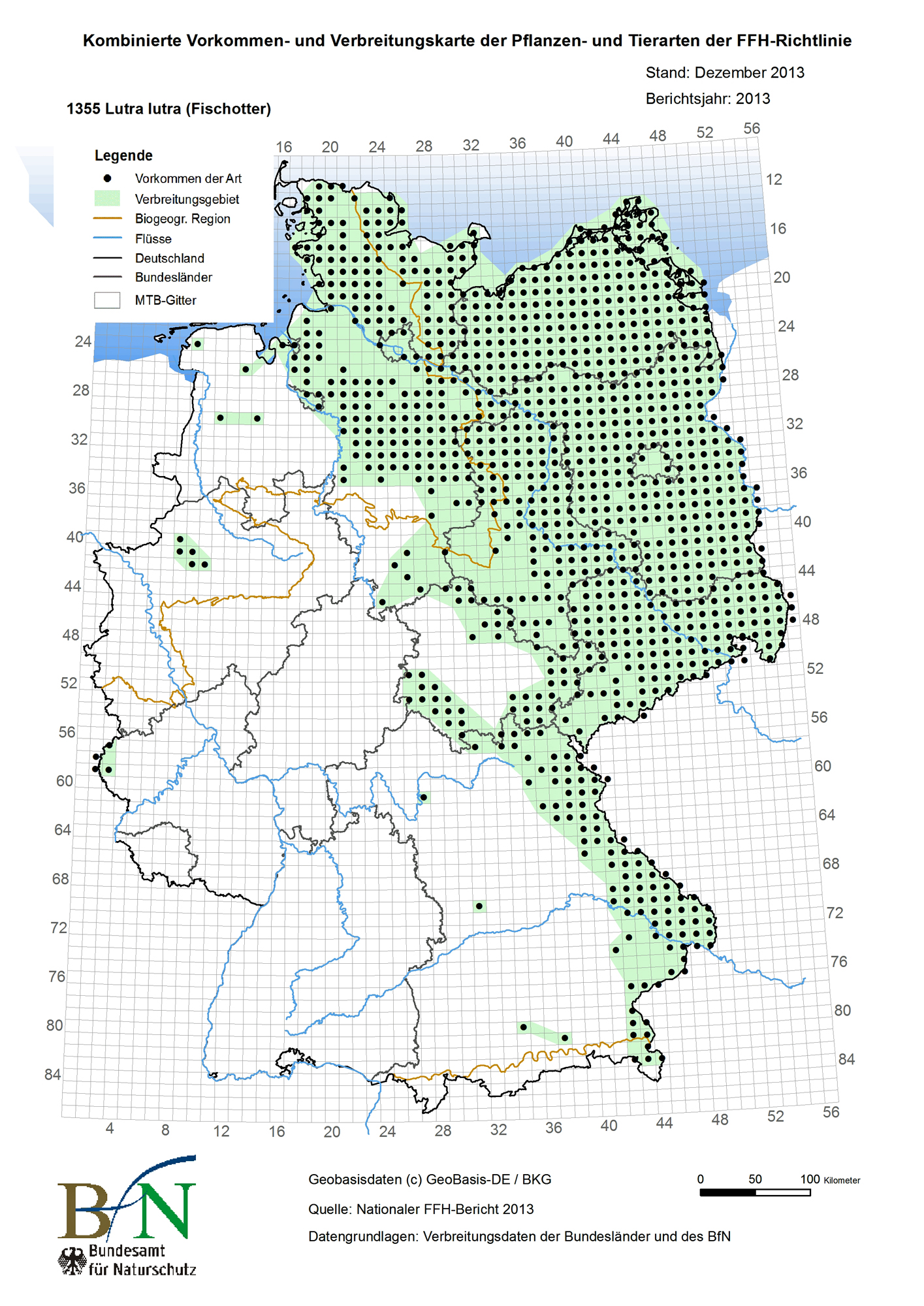 Fischotter Deutschland: Die Karte zeigt den Fischotterbestand in der ganzen Bundesrepublik, auffällig sind die fehlenden Vorkommen in der westlichen Südhälfte. Bayern könnte eine Brückenfunktion zu den westeuropäischen Vorkommen übernehmen (Quelle: Bundesamt für Naturschutz (BfN), 2019)