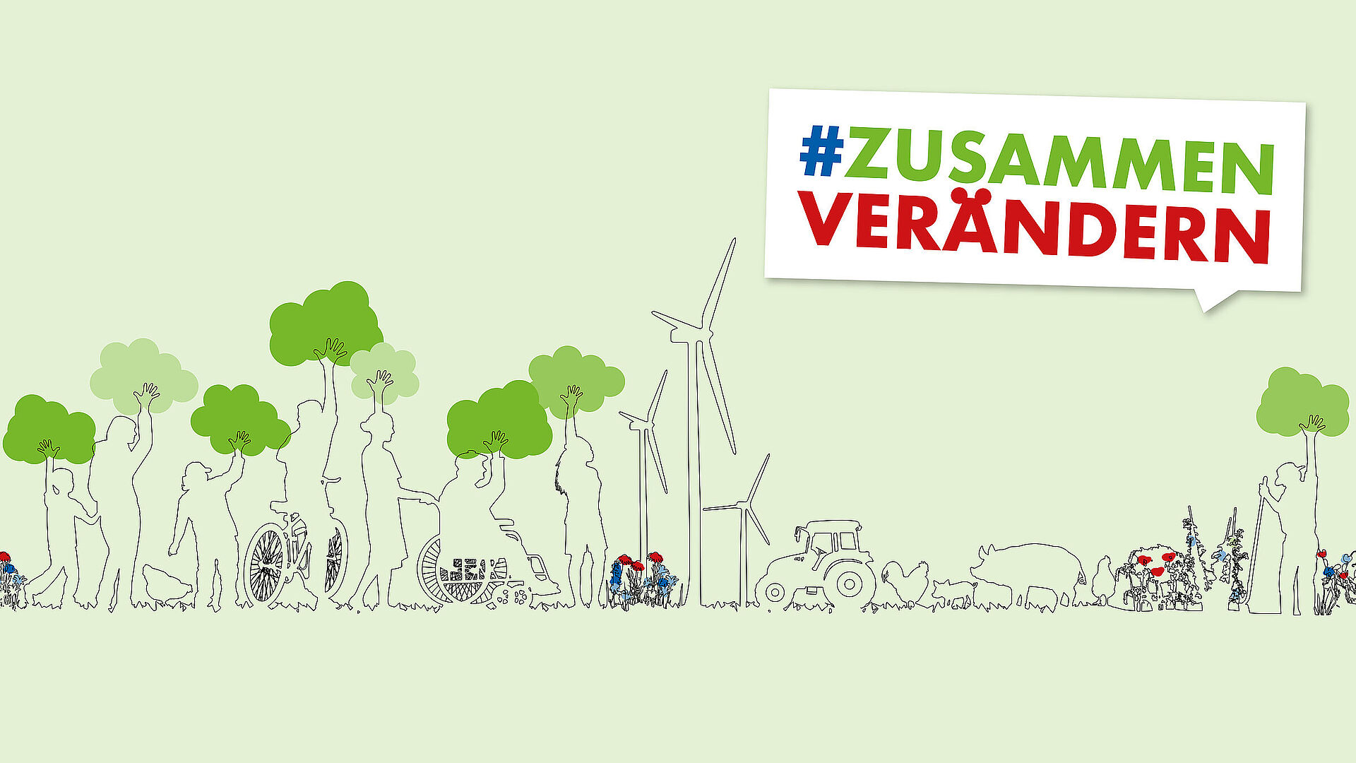 Gemaltes Plakat Zusammen verändern, Menschen bilden Bäume, Windräder: Eine Zukunftsagenda für die Vielen (Der Paritätische Gesamtverband und BUND)
