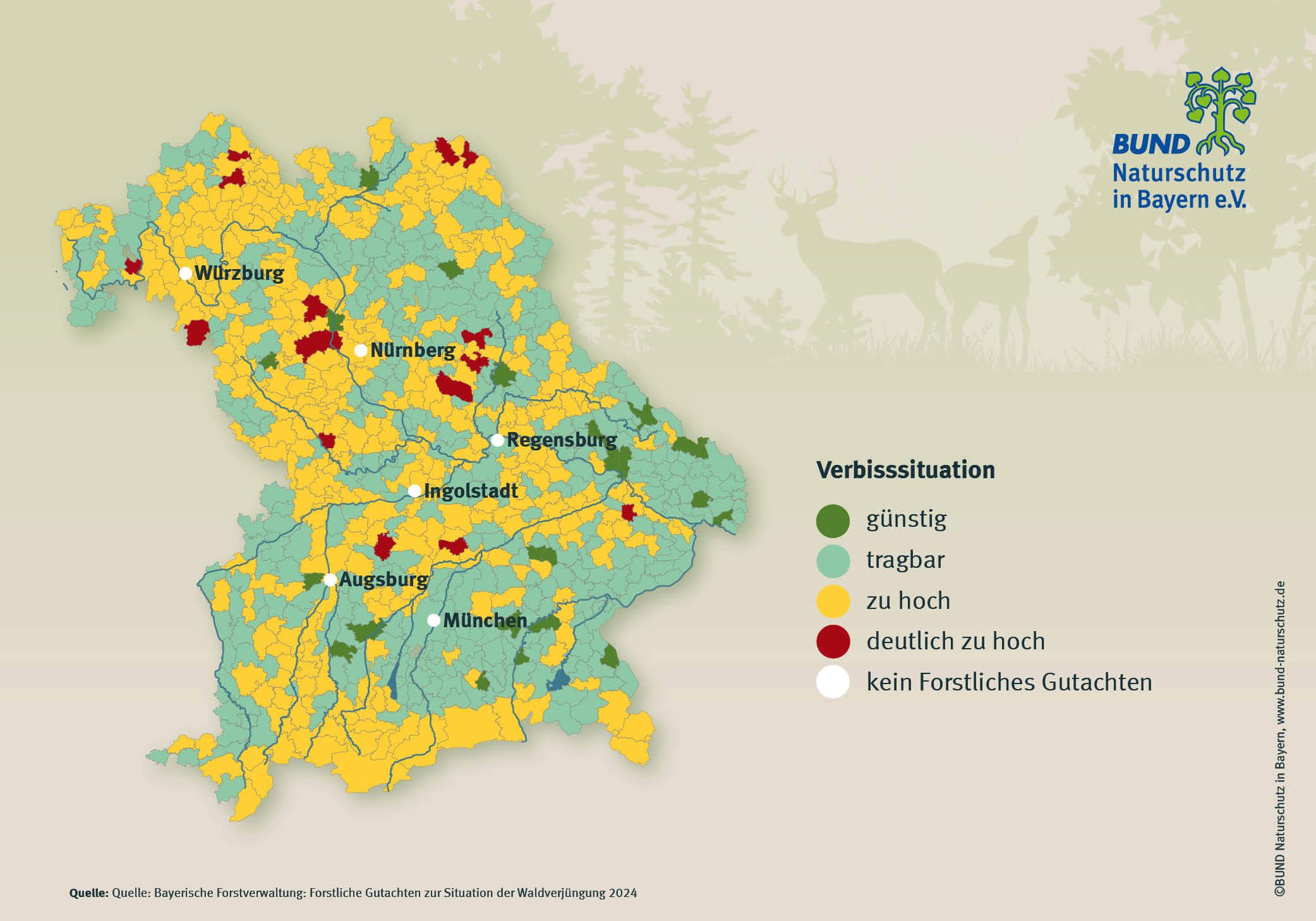 Eine Landkarte von Bayern zeigt die Wälder mit der jeweiligen Verbisssituation an. In vielen Bereichen ist der Verbiss zu hoch.