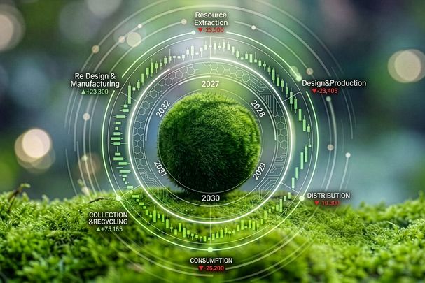 Die Collage zeigt einen Moosboden, darauf ein Kreislauf mit verschiedenen Parametern für sozial-ökologische Transformation, etwa weniger Ressourcenverbrauch oder mehr Recycling. (Bild: BN/Adobe Firefly)