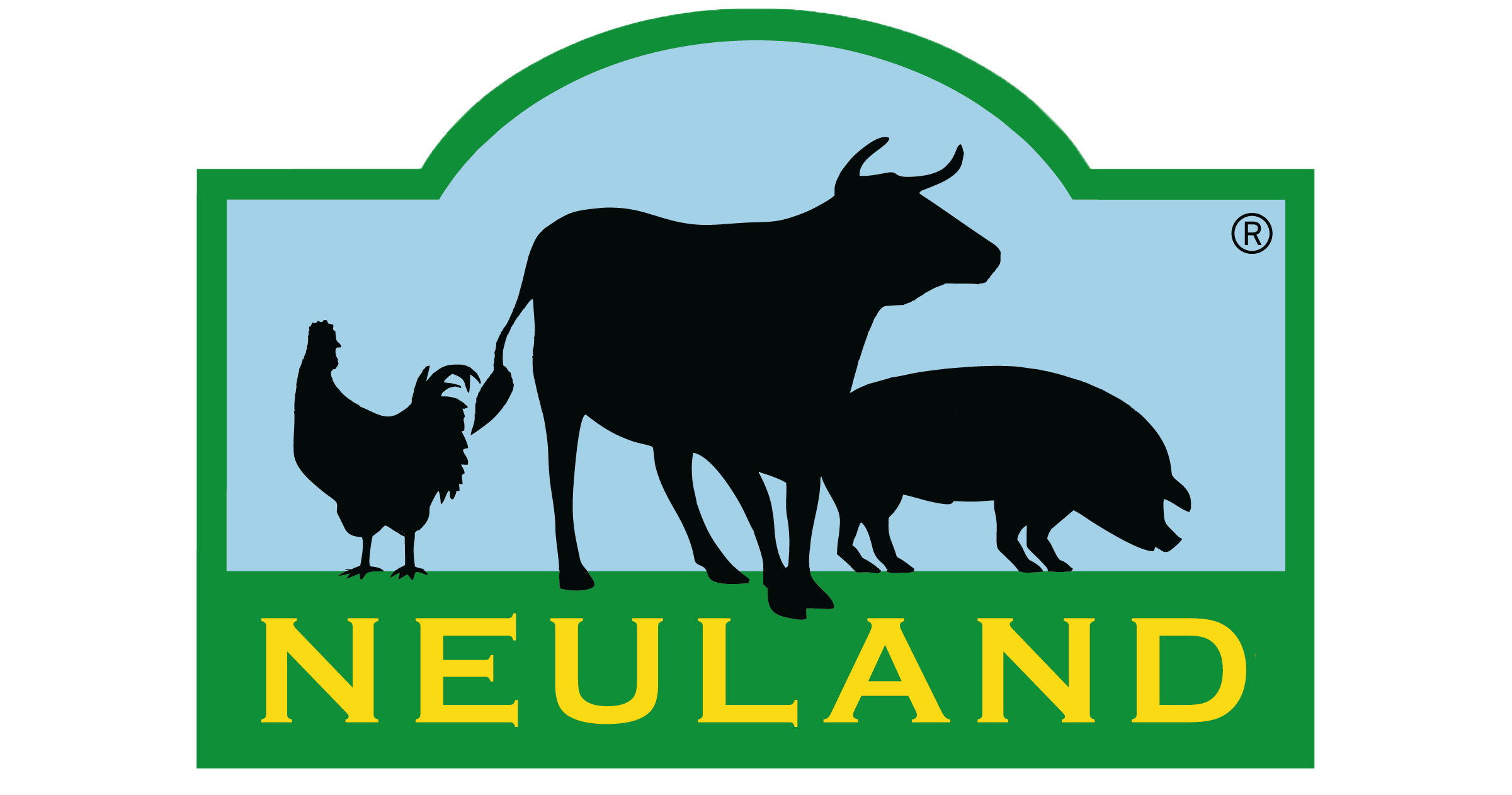 Label von Neuland Fleisch Auf dem Label von Neuland Fleisch sind die Silhouetten eines Hahns, einer Kuh und eines Schweins vor blauem Hintergrund zu sehen. Darunter steht in gelber Schrift "Neuland" auf grünem Hintergrund.