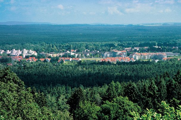 Der Reichswald: Im Vordergrund ein großer Wald, im Hintergrund die Ausläufer der Großstadt. Immer wieder muss der Reichswald gegen den Flächenhunger der Großstadt Nürnberg verteidigt werden.