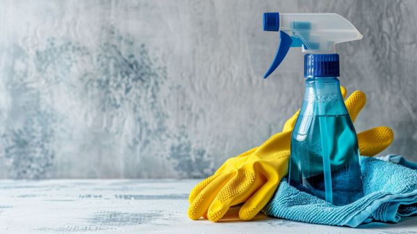 Foto: Chang/stock.adobe.com Ein Putzmittel, gelbe Gummihandschuhe und ein blauer Putzlappen. Mit selbstgemachten Reinigungsmitteln umweltfreundlich putzen und reinigen. (Foto: Chang/stock.adobe.com)