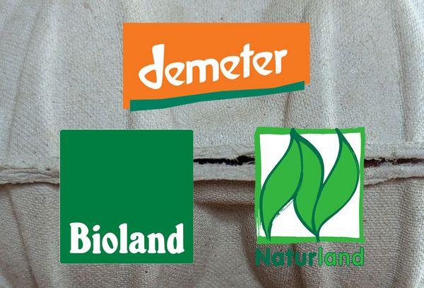 Eier von Bio-Anbauverbänden sind die erste Wahl beim Eierkauf. Hier haben die Hühner noch das beste Leben. (Foto: Holger Lieber, Labels der Anbauverbände) Labels der drei großen Öko-Anbauverbände Demeter, Bioland und Naturland. Als Bildhintergrund dient eine Eierverpackung.