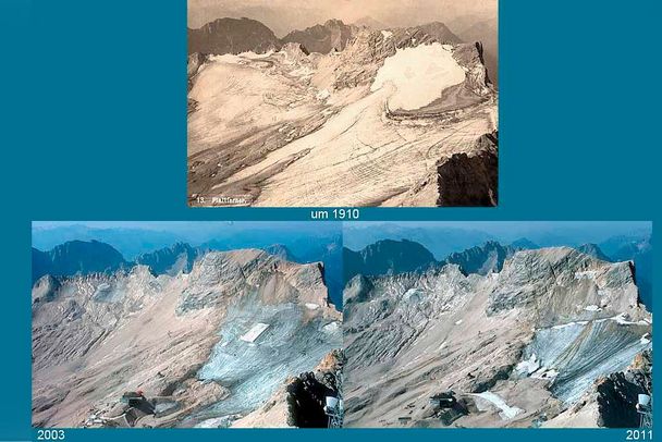 Schwarzmilzferner und Schneeferner-Gletscher (Fotos: Sammlung Gesellschaft für ökologische Forschung) Der Klimawandel in den Alpen lässt sich anhand der Gletscherschmelze nachvollziehen: Aufnahmen des Schwarzmilzferners von 2010 und 2017, sowie des Schneeferners an der Zugspitze von 1910, 2003 und 2011 zeigen, dass die Gletscher bereits viel von ihrer Fläche verloren haben. (Fotos: Sammlung Gesellschaft für ökologische Forschung)
