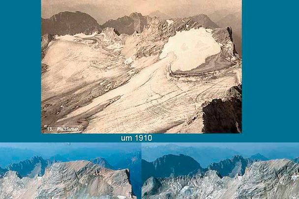 Der Klimawandel in den Alpen lässt sich anhand der Gletscherschmelze nachvollziehen: Aufnahmen des Schwarzmilzferners von 2010 und 2017, sowie des Schneeferners an der Zugspitze von 1910, 2003 und 2011 zeigen, dass die Gletscher bereits viel von ihrer Fläche verloren haben. (Fotos: Sammlung Gesellschaft für ökologische Forschung)