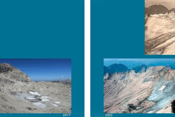 Zwei Bilder vom Schwarzmilzferner in den Allgäuer Alpen (links) in den Jahren 2010 und 2017, und drei Bilder vom Schneeferner-Gletscher (rechts) an der Zugspitze in den Jahren 1910, 2003 und 2011 zeigen den Klimawandel in den Alpen. (Bilder: Gesellschaft für ökologische Forschung)