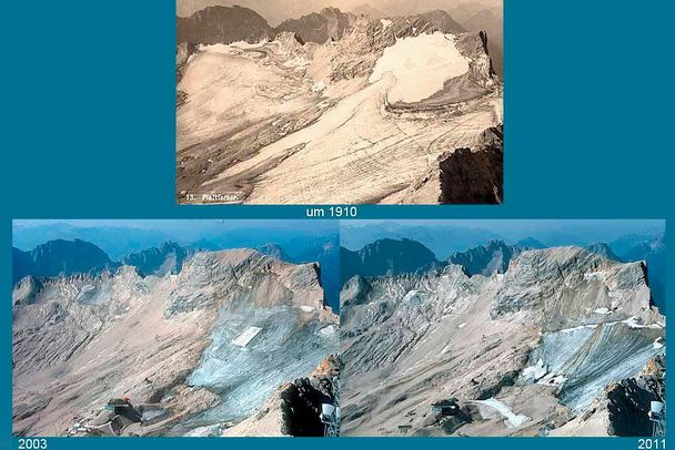 Der Klimawandel in den Alpen lässt sich anhand der Gletscherschmelze nachvollziehen: Aufnahmen des Schwarzmilzferners von 2010 und 2017, sowie des Schneeferners an der Zugspitze von 1910, 2003 und 2011 zeigen, dass die Gletscher bereits viel von ihrer Fläche verloren haben. (Fotos: Sammlung Gesellschaft für ökologische Forschung)