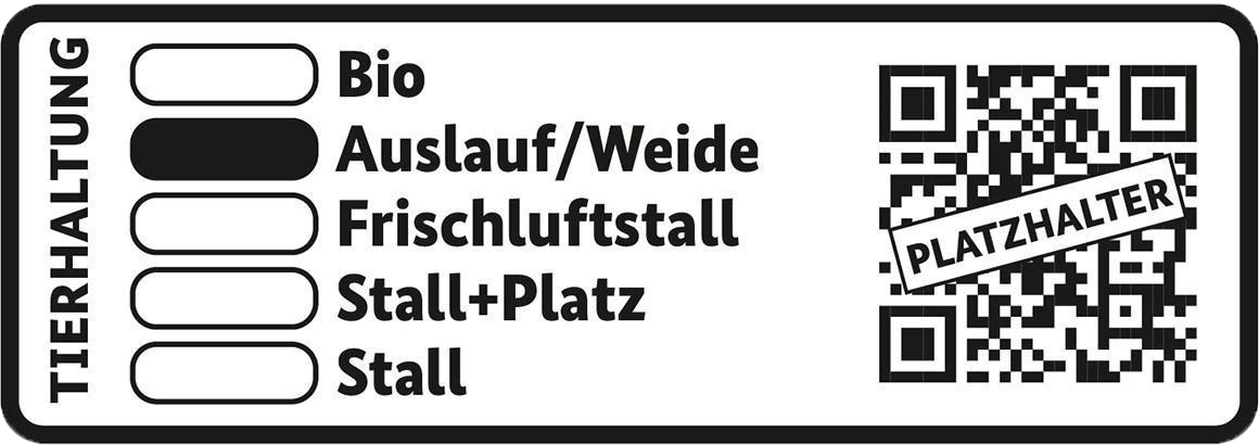 Label der staatlichen Tierhaltungskennzeichnung Label der staatlichen Tierhaltungskennzeichnung mit den fünf Stufen; Stufe 4 ist in diesem Beispiel markiert.