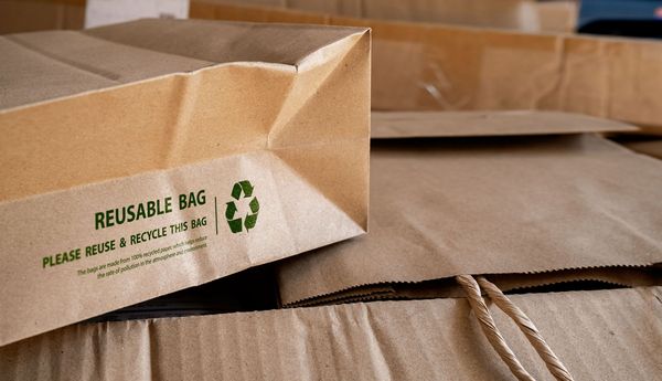 Umweltfreundliche Verpackungen: Papier lässt sich gut recyceln und ist biologisch abbaubar. (Foto: Ton Photographer4289/stock.adobe.com) Umweltfreundliche Verpackungen: Auf dem Boden einer braunen Papiertüte ist das Recyclingzeichen zu sehen.