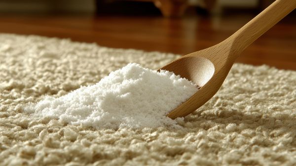 Eco-friendly carpet cleaner using baking soda, effective stain removal, safe for all carpets, freshens and revitalizes home environments. Mit einem Holzlöffel wird Natron auf einen hellen Teppich gestreut. Mit Natron kann man schlechte Gerüche aus einem Teppich entfernen. (Foto: