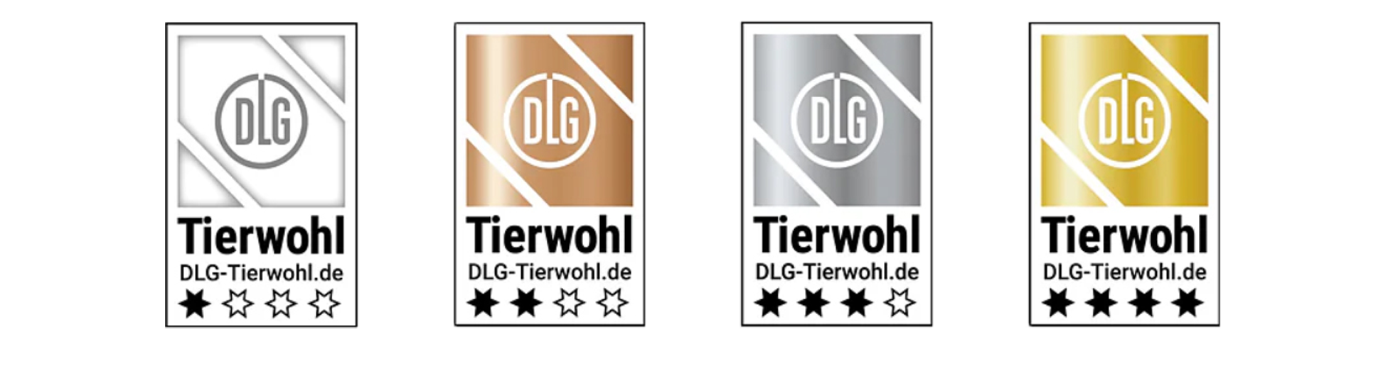 Die vier Label von "DLG Tierwohl" Die Label von "DLG Tierwohl": Basis weiß mit einem Stern, Bronze mit zwei Sternen, Silber mit drei Sternen, Gold mit vier Sternen.