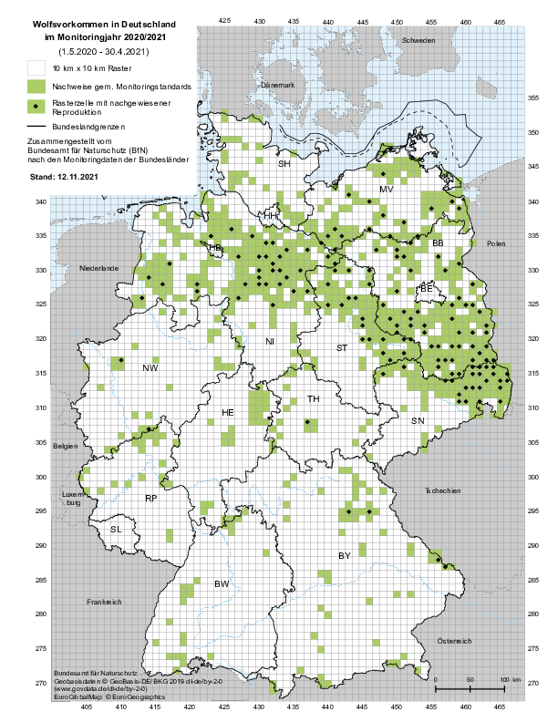 Wolfsvorkommen in Deutschland im Monitoringjahr 2020/2021. Grafik: BfN Eine Deutschlandkarte zeigt, wo aktuell Wölfe in Deutschland vorkommen.