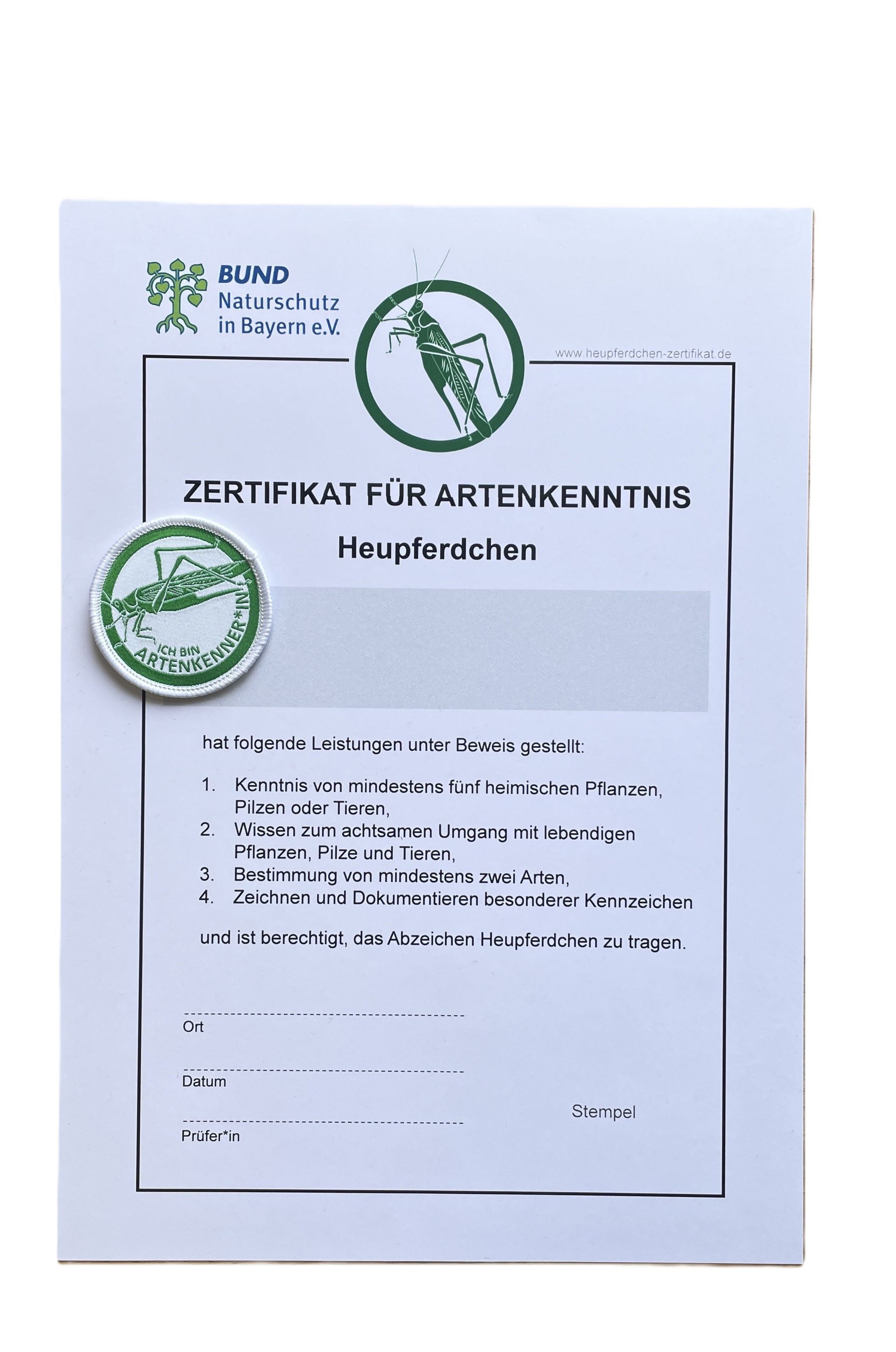 Heupferdchen Zertifikat und Patch, Foto: BN