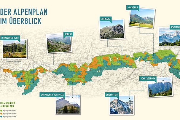 Karte der bayerischen Alpen mit den Schutzzonen A, B und C des Alpenplans: acht Miniaturbilder zeigen darin außerdem Gipfel, die der Alpenplan vor der Erschließung bewahrt hat. (Karte/Grafik: Bayerische Vermessungsverwaltung/BN)