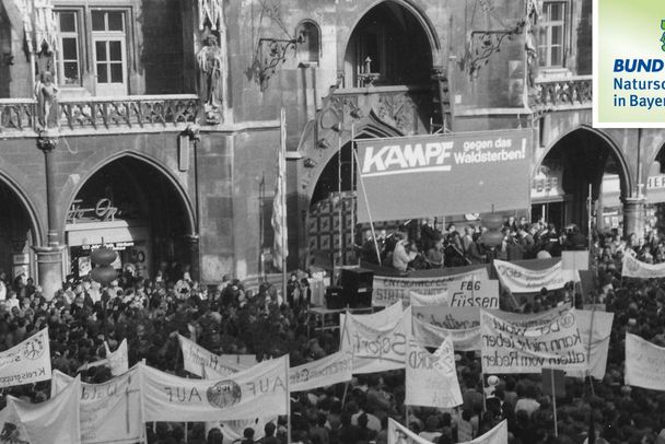 Waldsterben 1.0: Ein Schwarz-Weiß-Bild zeigt eine große Demonstration vor dem Rathaus in München.