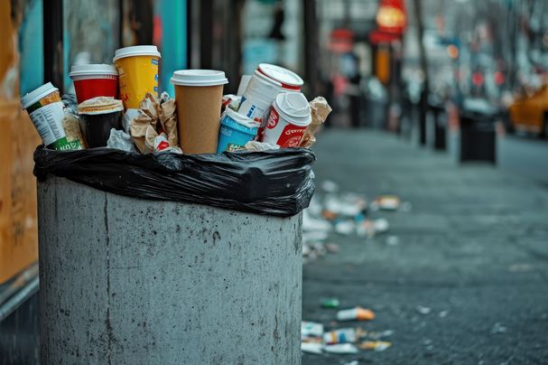 Gritty Urban Scene with Discarded Paper Packets and Coffee Cups Next to a Fast Food Outlet