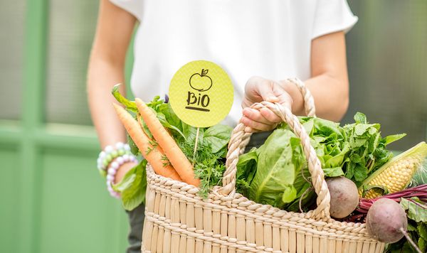 Bio-Produkte haben für die Umwelt viele Vorteile. Diese kommen besonders zu tragen, wenn die Transport- und Einkaufswege kurz sind. (Foto: rh2010/stock.adobe.com) Eine Frau hält einen Einkaufskorb mit Salat und Gemüse in der Hand. Aus dem Korg ragt ein kleines Schild mit der Aufschrift "Bio".
