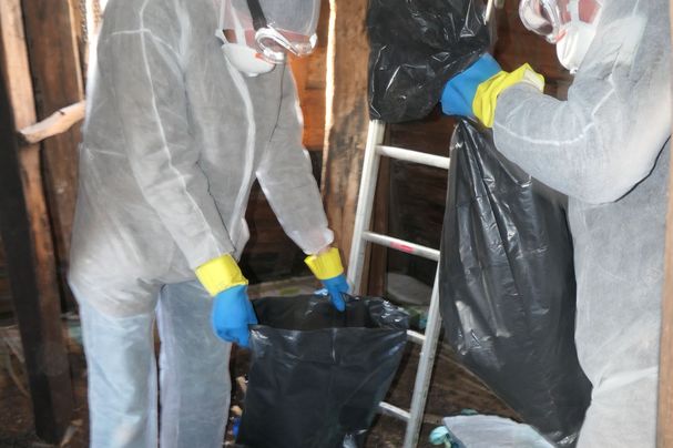 Mitarbeitende des Naturparks Spessart und Ehrenamtliche der BN-Ortsgruppe Gemünden bei der Reinigung unter schwierigen Bedingungen. Foto Oliver Kaiser