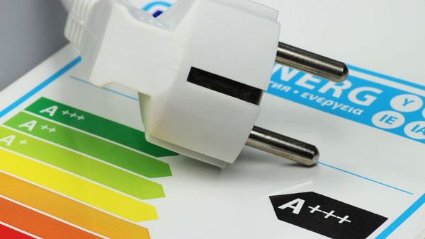 Energieeffiziente Elektrogeräte können bei der Anschaffung teurer sein, sparen das Geld aber im Betrieb bei weitem wieder ein. (Foto: Björn Wylezich/stock.adobe.com) Energieeffeziente Elektrogeräte: Label mit Energieeeffizienzklasse A, darauf liegt ein Stromstecker.