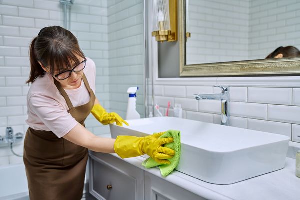 Foto: Valerii Honcharuk/stock.adobe.com Frau mit brauner Schürze und gelben Gummihandschuhen putzt ein Waschbecken. Selbsgemachte Badreiniger lösen Kalk und andere Ablagerungen. (Foto: Valerii Honcharuk/stock.adobe.com)