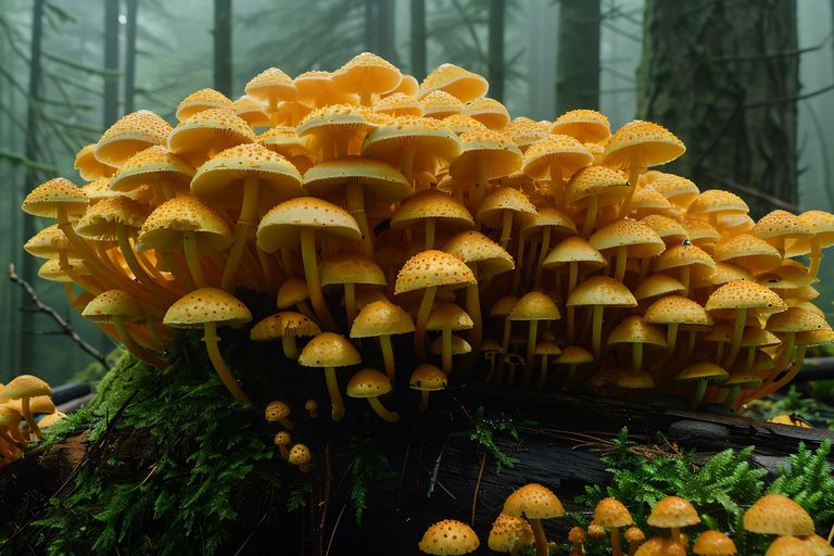 Ein oranger Pilz mit vielen Hüten wächst auf einem bemoosten Baumstumpf. Der Dunkle Hallimasch ist eine Parasit. (Foto: Auraklicks/stock.adobe.com)