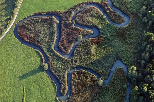 Luftaufnahme der mäandernden Abens bei Siegenburg: Ein Wassercent könnte Renaturierungsmaßnahmen finanzieren (Bild: Klaus Leidorf)